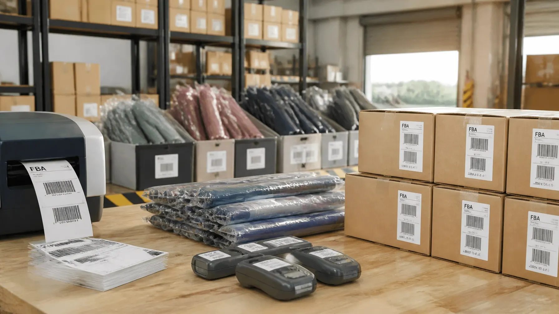 Warehouse operator checking carefully labelled FBA cartons ready for dispatch